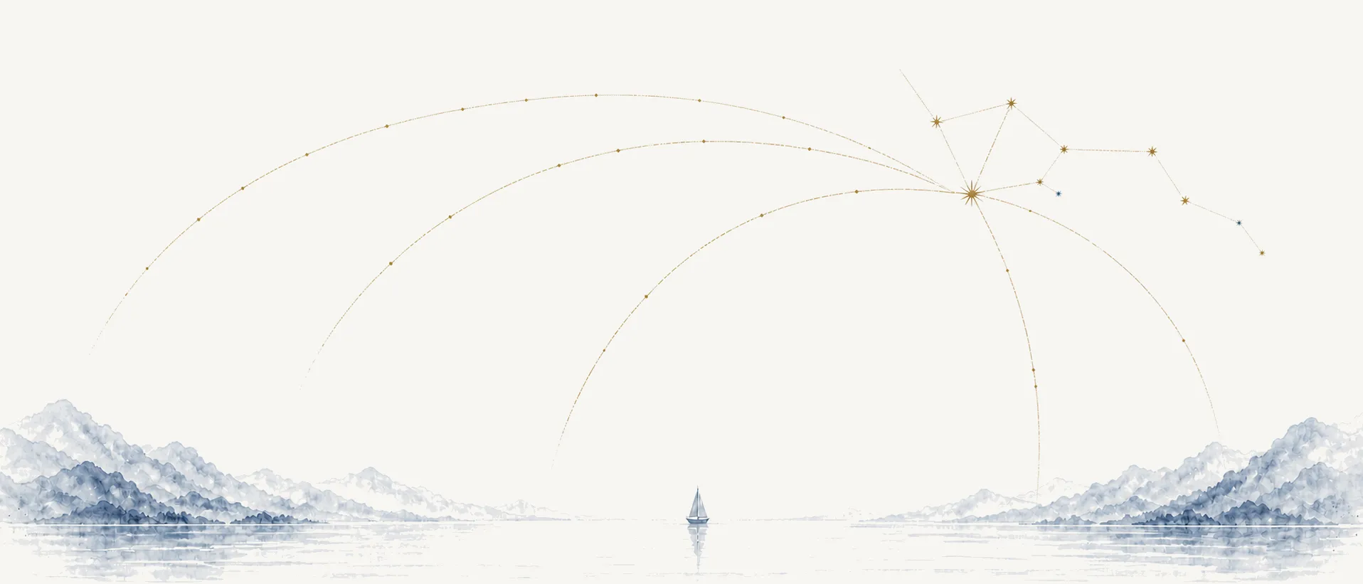 A quiet watercolor horizon with a small sailboat carrying a gold constellation route across open water.