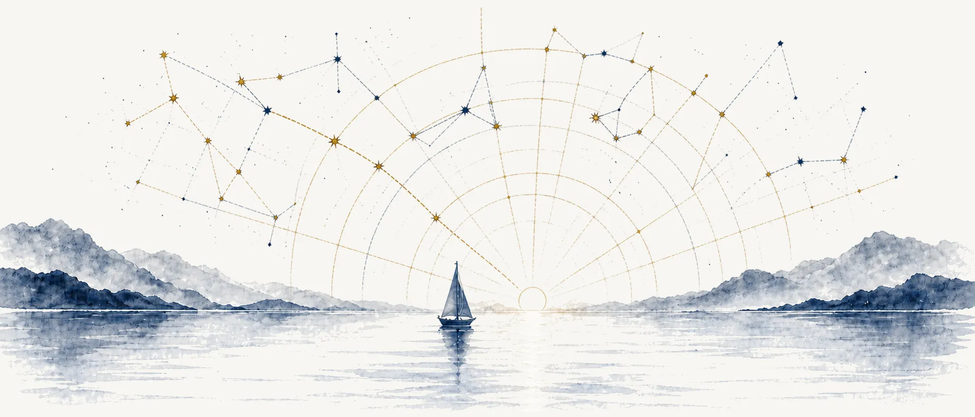 A quiet watercolor horizon with a small sailboat beneath constellations and celestial navigation arcs.