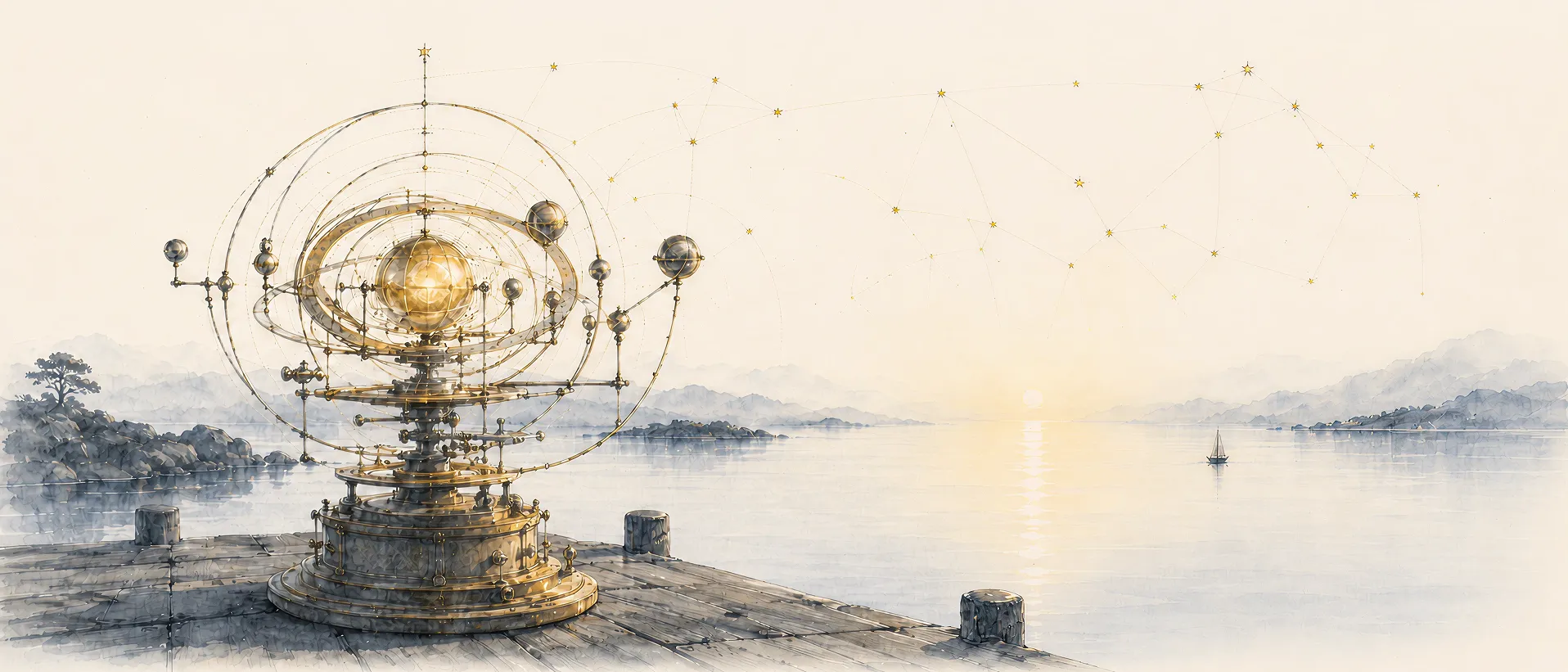 A watercolor of a brass-and-gold orrery turning quietly on a weathered stone deck at the edge of a calm bay at dusk, distant soft mountains, a small sailboat far off, and a faint gold constellation tracing the sky as warm light pools on the water.